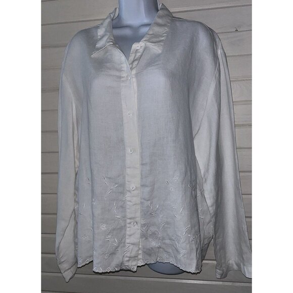 CHARTER CLUB Sz XL White Linen Tunic Embroidered Button Up L/S EUC - Picture 2 of 9